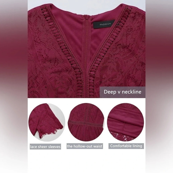 MEROKEETY V Neck Lace Wine ColorWedding Dress Bridesmaid Cocktail Maxi Dress - Picture 5 of 11